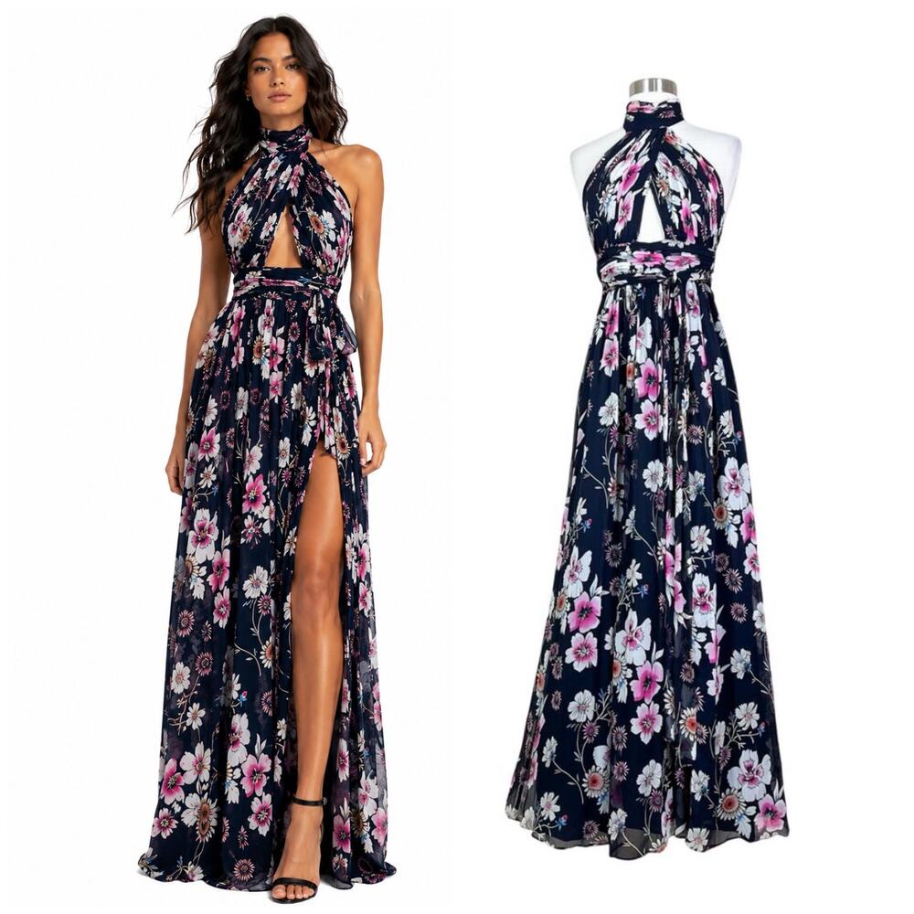JILL Jill Stuart | Silk Floral Black Halter Cut Out Slit Maxi Dress Long Gown 2